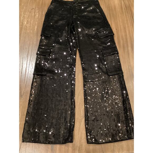 Revolve Alice + Olivia Hayes Sequin Cargo wide leg Pant black size 6 NWT - Picture 9 of 14